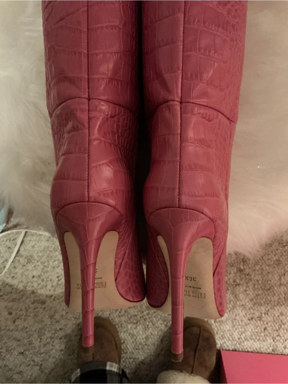 Paris Texas Pink Croc-Embossed Knee-High Pointed Toe Boots - Picture 7 of 9